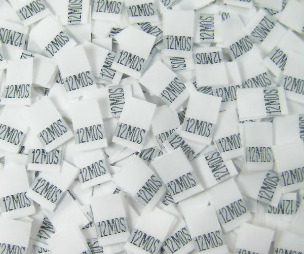 White 12 Month Woven Infant Clothing Sewing Garment Label Size Tags (50-1000pcs)