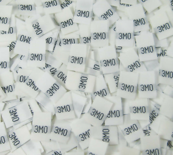 White 3 Month Woven Infant Clothing Sewing Garment Label Size Tags (50-1000pcs)