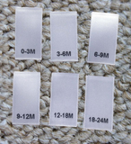 White Bundle 0-3M, 3-6M, 6-9M, 9-12M, 12-18M, 18-24M Satin Infant Clothing Sewing Garment Label Size Tags (60-1000 pcs)