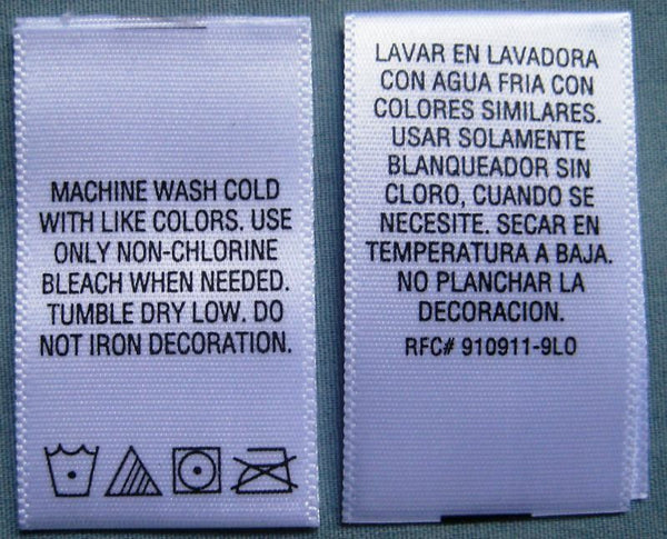 White Machine Wash Cold Satin Printed Double Sided Clothing Sewing Garment Care Label Tags (50-1000pcs)