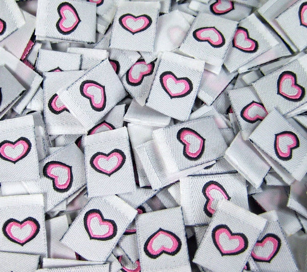 Pink Heart Folded Woven Clothing Sewing Garment Label Tags (50-1000pcs)