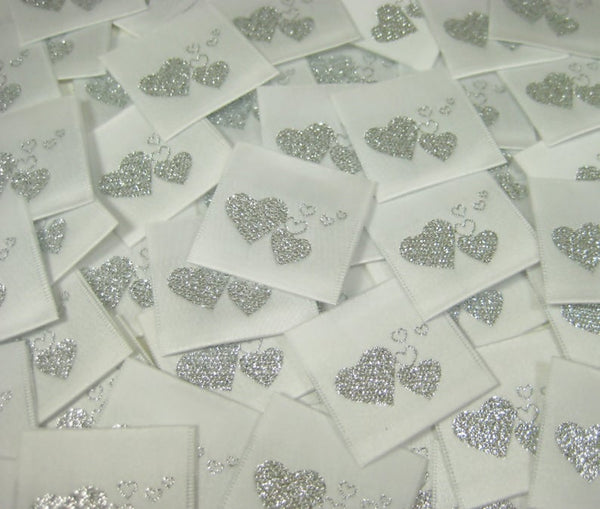 Silver Heart Woven Clothing Sewing Garment Label Tags (50-1000pcs)