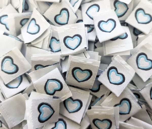 Blue Heart Folded Woven Clothing Sewing Garment Label Tags (50-1000pcs)